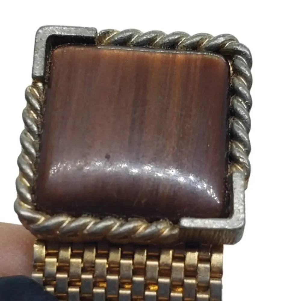Vintage Cufflinks 1950 Mesh Wrap Gold Plated Lucite Faux Wood Tie Bar Cuff Links